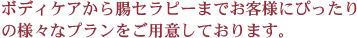 ボディケアから腸セラピーまでお客様にぴったりの様々なプランをご用意しております。